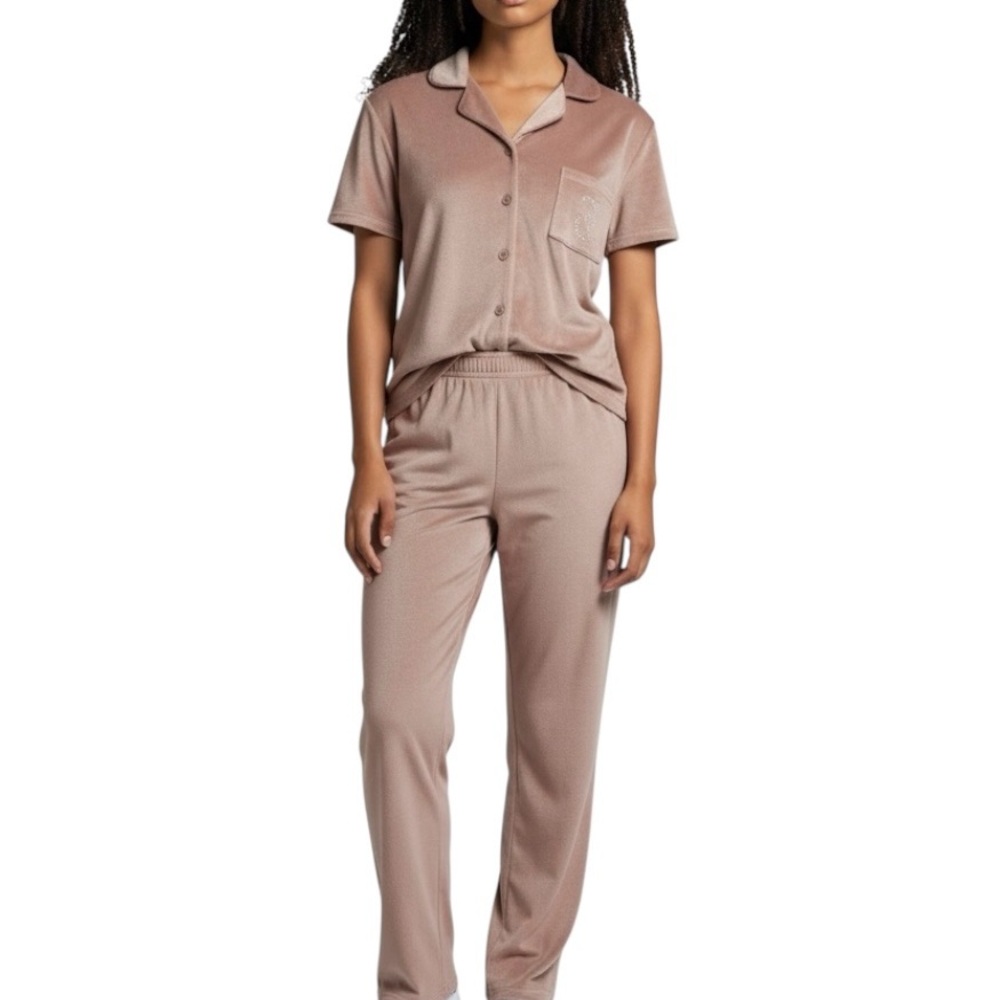 Juicy Couture Velvet Fleece Pajama Set Dusty Rose Pink Rhinestone Lounge Small